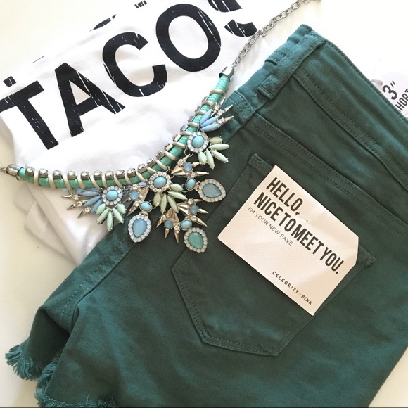 Green denim shorts with frayed hem 3” Size 26 - Picture 1 of 6